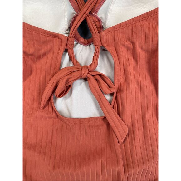 Kona Sol One Piece Swimsuit Women XL Orange Ribbed Ring Front V Neck Summer Swim - Picture 8 of 10